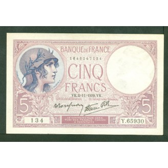 5 Francs Violet 2-11-1939...