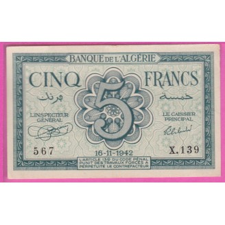 Algérie P.91 TB 5 Francs 1942