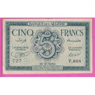 Algérie P.91 TB+ 5 Francs 1942