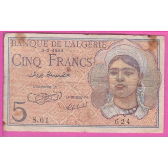 Algérie P.94a B 5 Francs 1944
